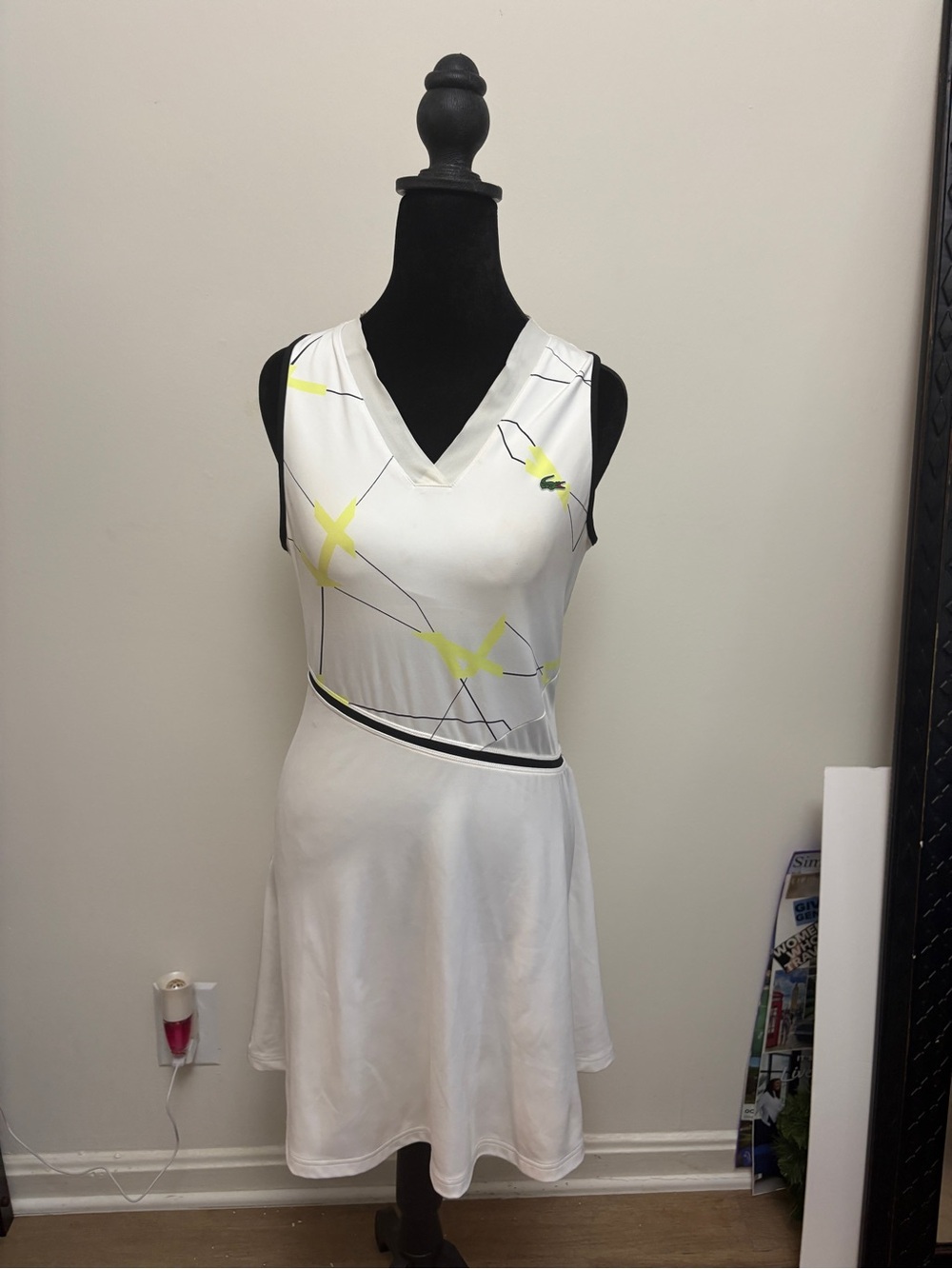 Lacoste White Sleeveless V-Neck Tennis Dress with Neon Yellow Accents